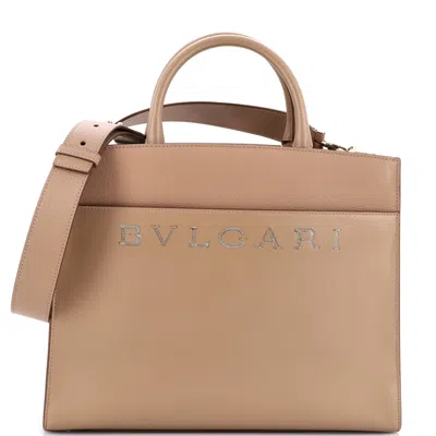 Bvlgari Embellished Logo Tote Bag Leather Medium In Beige