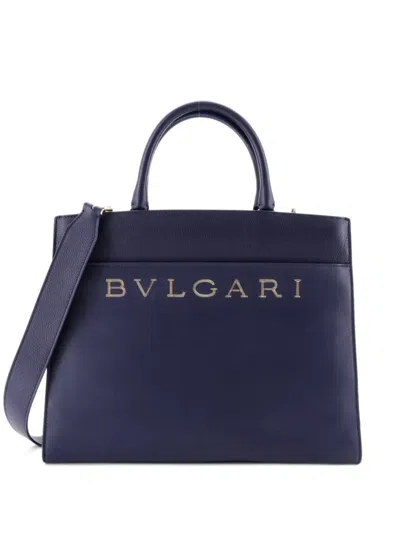 Pre-owned Bvlgari Embellished Logo Tote Bag Leather Medium Crossbody Bag In Blue