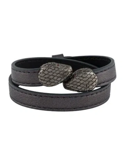 Pre-owned Bvlgari Enamel & Leather Serpenti Double Wrap Bracelet In Black