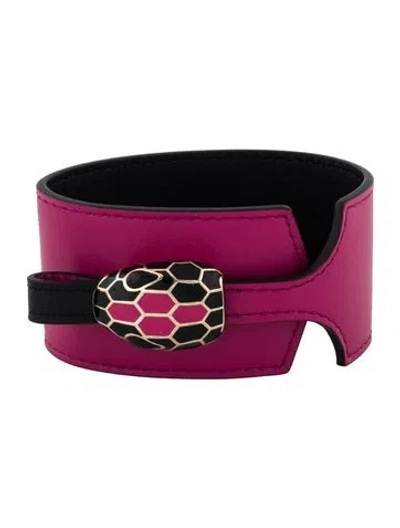 Pre-owned Bvlgari Enamel & Leather Wide Serpenti Cuff Bracelet In Multi