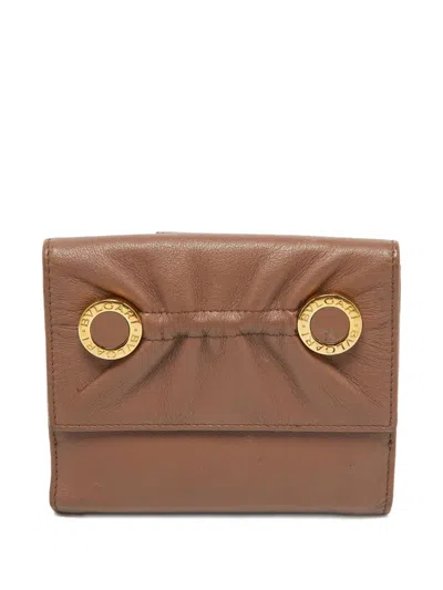 Pre-owned Bvlgari Engraved Rings Leather Wallet In Brown
