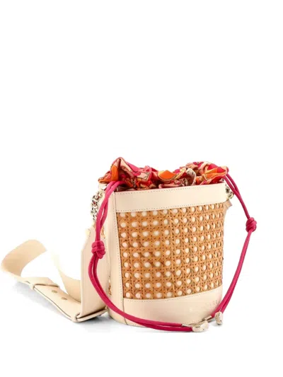 Pre-owned Bvlgari Forever Convertible Raffia With Silk And Leather Medium Bucket Bag In Neutral