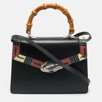 Pre-owned Bvlgari Gucci Black Leather And Snakeskin Small Lilith Bamboo Top Handle Bag