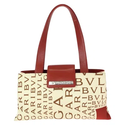 Pre-owned Bvlgari Ivory Red Color Canvas Leather Shoulder Bag Tote Bag ()