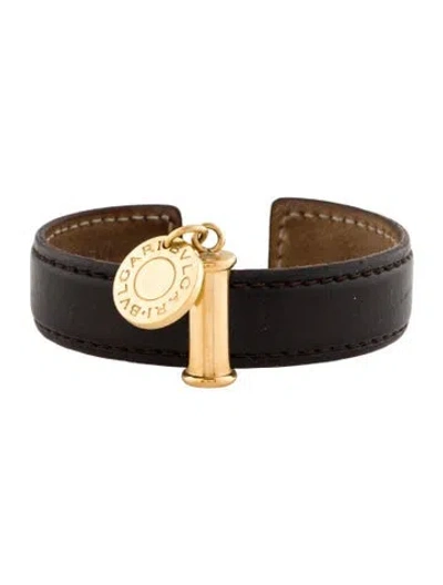Pre-owned Bvlgari Leather Tag Cuff, 7" In Brown