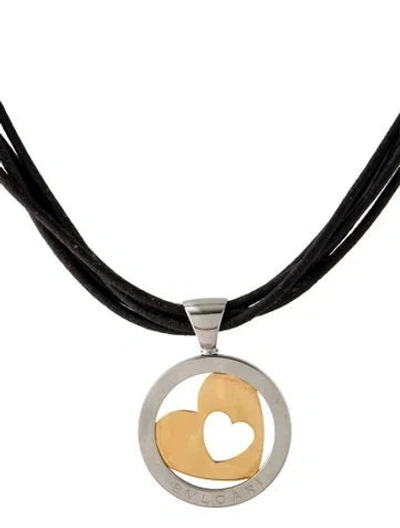 Pre-owned Bvlgari Leather Tondo Heart Pendant Necklace, 15" In Black