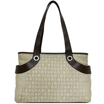 Pre-owned Bvlgari Logomania Beige Brown Canvas Leather Tote Bag ()