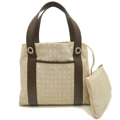 Pre-owned Bvlgari Logomania Beige Brown Canvas Leather Tote Bag ()