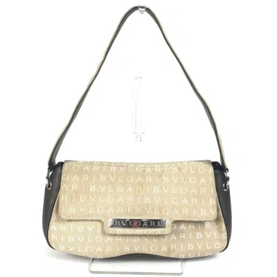Pre-owned Bvlgari Logomania Beige Dark Brown Leather Canvas Handbag Shoulder Bag ()