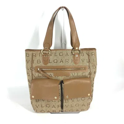 Pre-owned Bvlgari Logomania Beige Leather Canvas Shoulder Bag Tote Bag () In Sand