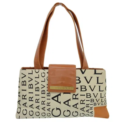 Pre-owned Bvlgari Logomania Brown Ivory Canvas Leather Handbag Tote Bag ()