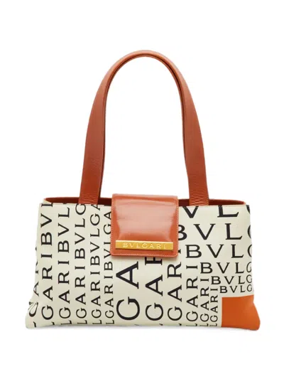 Pre-owned Bvlgari Logomania Leather-trim Tote Bag In Neutrals