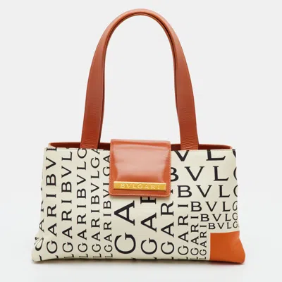 Pre-owned Bvlgari Logomania Orange/off White Satin And Leather Tote