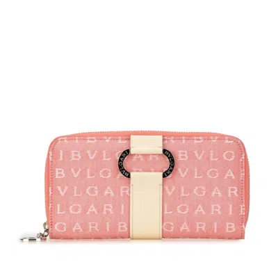 Pre-owned Bvlgari Logomania Pink White Canvas Leather Long Wallet (bi-fold) () In Pink, White