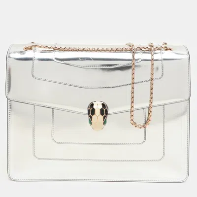 Pre-owned Bvlgari Mirror Leather Large Serpenti Forever Shoulder Bag In Silver