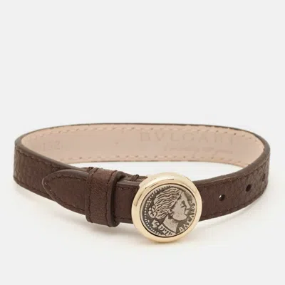 Pre-owned Bvlgari Monete Coin 130 Years Celebration Brown Leather Gold Tone Wrap Bracelet