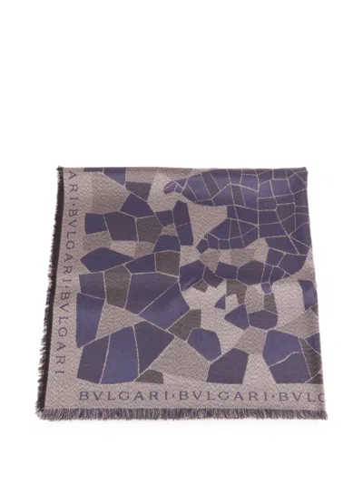 Pre-owned Bvlgari Mosaic-print Fringed Silk Scarf In Blue