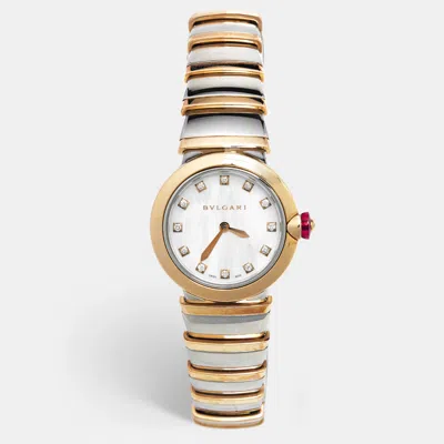 Pre-owned Bvlgari Mother Of Pearl Diamond 18k Rose Gold Stainless Steel Lvcea 102194 Women's Wristwatch 28 Mm In White