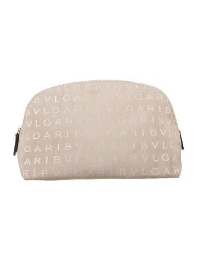 Pre-owned Bvlgari Neutral Pattern Printed Silver Toned Zip Cosmetic Bag In Neutrals