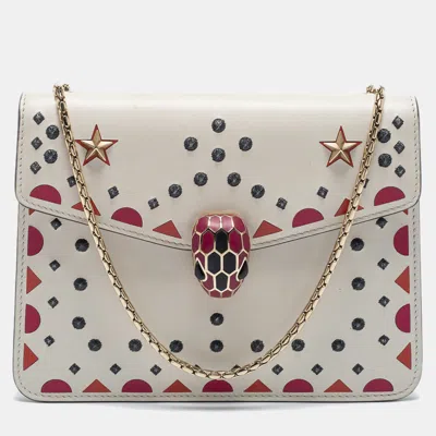 Bvlgari Offprinted And Embroidered Leather Small Serpenti Forever Shoulder Bag In White