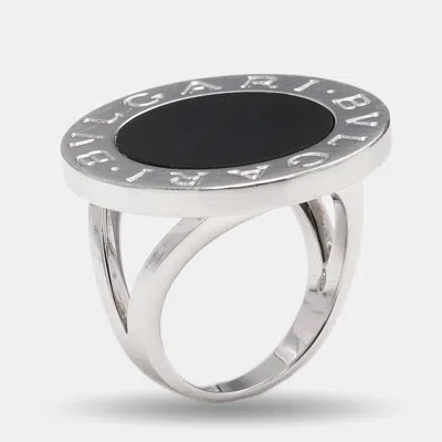 Pre-owned Bvlgari Onyx Inlay 18k White Gold Circular Ring Size 53 In Black