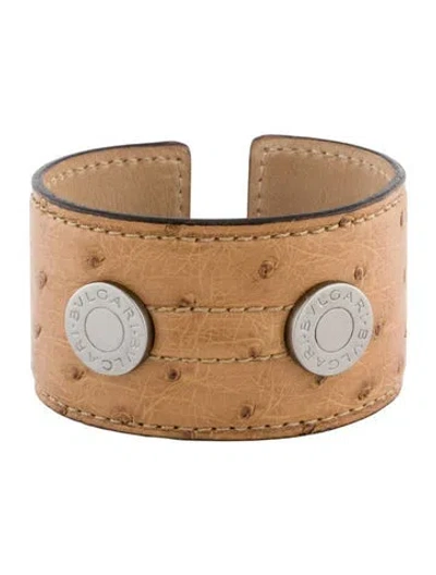 Pre-owned Bvlgari Ostrich Leather Wide Cuff, 6.75" In Brown