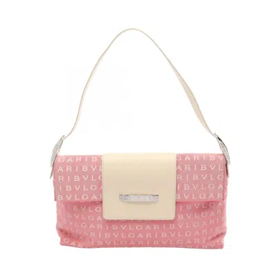 Pre-owned Bvlgari Pink White Canvas Leather Handbag Shoulder Bag () In Pink, White