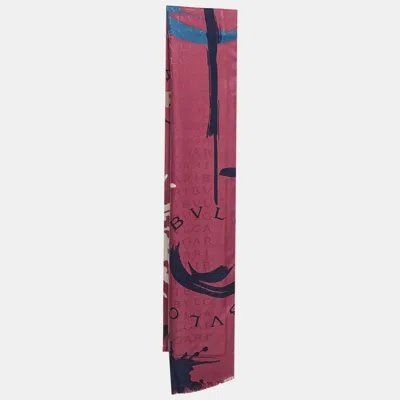 Pre-owned Bvlgari Pink/navy Blue Logo Wool & Silk Scarf