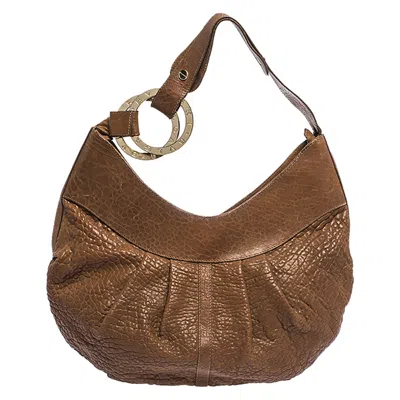 Bvlgari Pleated Leather Hobo In Brown