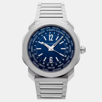 Pre-owned Bvlgari Octo Roma World Timer 103481 Blue Automatic Stainless Steel Men's Wristwatch 41 Mm