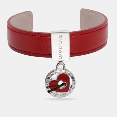 Pre-owned Bvlgari Red Leather Sterling Silver 925 Open Cuff Bracelet