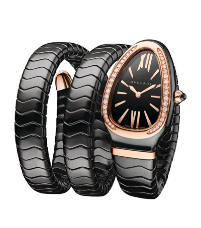Bvlgari Rose Gold, Black Ceramic And Diamond Serpenti Spiga Watch In Neutral