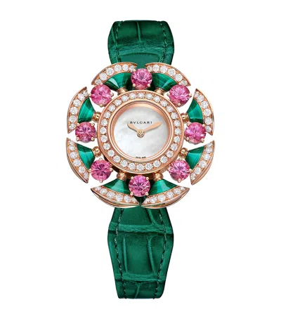 Bvlgari Rose Gold, Diamond, Tourmaline And Malachite Divas' Dream Cocktail Watch In Green