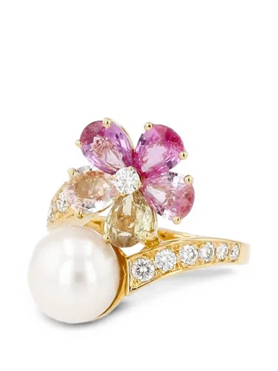 Pre-owned Bvlgari Sapphire Flower Pearl Ring In Gold