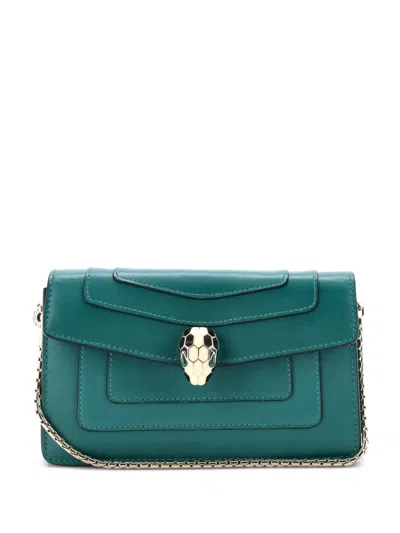 Pre-owned Bvlgari Serpenti Forever Chain Leather Mini Clutch Bag In Green