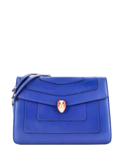 Pre-owned Bvlgari Serpenti Forever Double Flap Leather Large Shoulder Bag In Blue