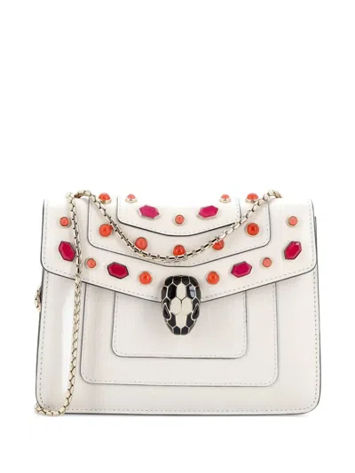 Pre-owned Bvlgari Serpenti Forever Embellished Leather Mini Shoulder Bag In White