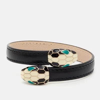Pre-owned Bvlgari Serpenti Forever Enamel Leather Gold Tone Bracelet In Black