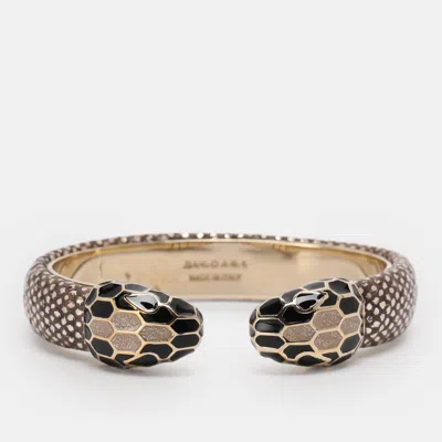 Pre-owned Bvlgari Serpenti Forever Gold Tone Metal And Karung Leather Bangle Bracelet 14.5 Cm In Silver
