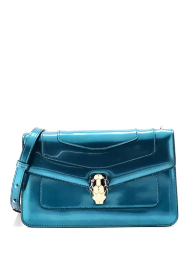 Pre-owned Bvlgari Serpenti Forever Metallic Leather Small Shoulder Bag In Blue