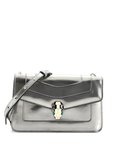 Pre-owned Bvlgari Serpenti Forever Metallic Leather Small Shoulder Bag In Gray