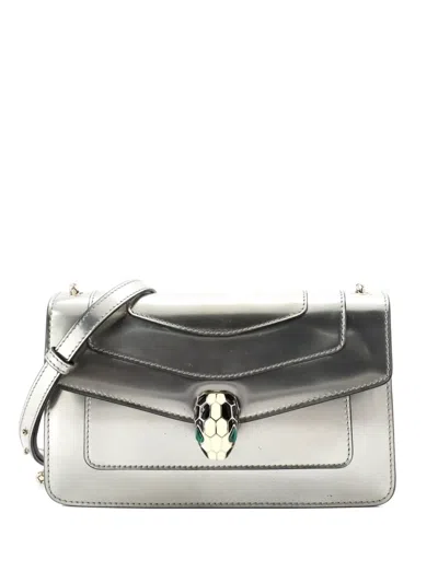 Pre-owned Bvlgari Serpenti Forever Metallic Leather Small Shoulder Bag In Silver