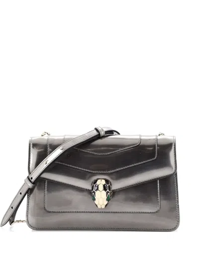 Pre-owned Bvlgari Serpenti Forever Metallic Leather Small Shoulder Bag In Silver
