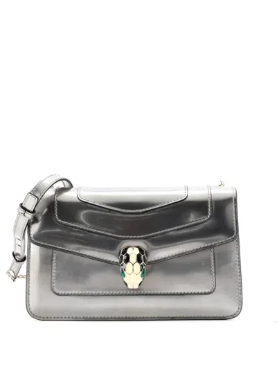 Pre-owned Bvlgari Serpenti Forever Metallic Leather Small Shoulder Bag In Silver