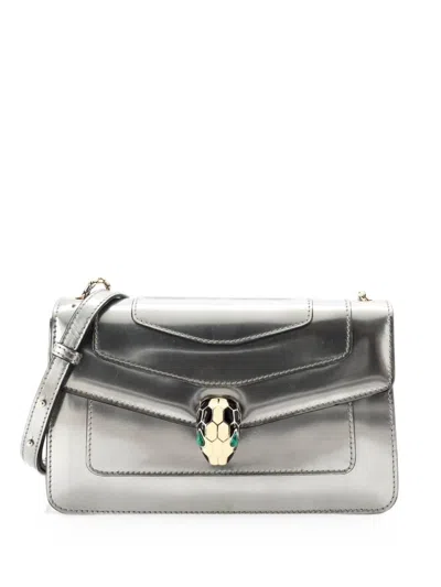 Pre-owned Bvlgari Serpenti Forever Metallic Leather Small Shoulder Bag In Silver