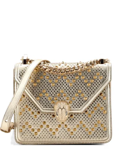 Pre-owned Bvlgari Serpenti Forever Square Full Studded Leather Small Shoulder Bag In Gold