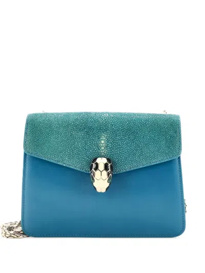 Pre-owned Bvlgari Serpenti Forever Square Leather And Stingray Small Shoulder Bag In Blue