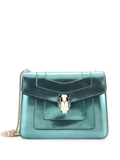 Pre-owned Bvlgari Serpenti Forever Square Metallic Leather Small Shoulder Bag In Blue