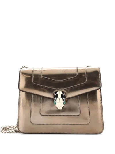 Pre-owned Bvlgari Serpenti Forever Square Metallic Leather Small Shoulder Bag In Gold