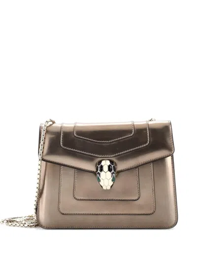Pre-owned Bvlgari Serpenti Forever Square Metallic Leather Small Shoulder Bag In Gold